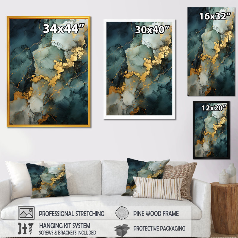 Or et vert motif de marbre abstrait I - décoration murale en marbre, Toile tendue, H 44 po x l 34 po x P 1,5 po