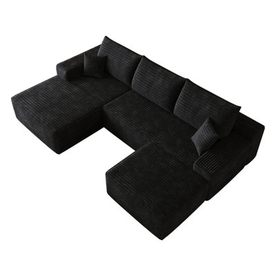 107"Cloud Sectional Sofa with 1 Ottoman,Modern Minimalist Upholstered Couches,Comfort U Shaped Sofa for Living Room,Deep Seat Corner Couch,No Assembly Required (Plush Corduroy Fabric),Black