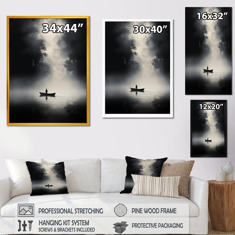 Bateau solitaire Fisher Misty Lake noir et blanc I - Bateau, décoration murale, H 32 po x l 16 po x P 1 po