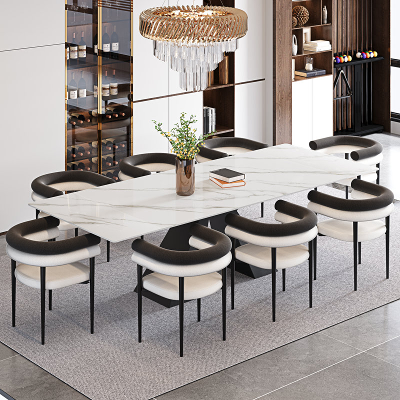 Chinguun 94.5'' Extendable Sintered Stone Dining Table With Upholstered Fabric Armchairs Dining Set