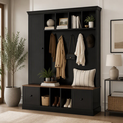 Farmhouse Hall Tree with Cabinet, Drawers & 5 Hooks, Storage Bench