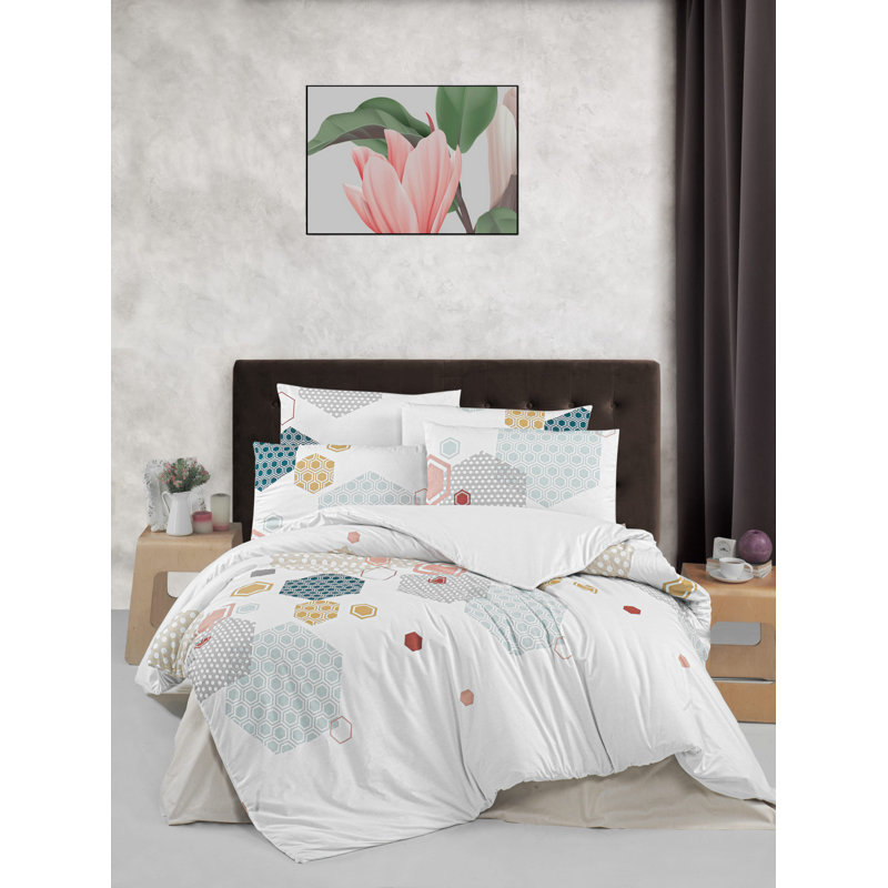 Ensemble de housse de couette en coton blanc / vert / jaune Jeltje, Housse de couette 94 po x 87 po + 2 taies d'oreill