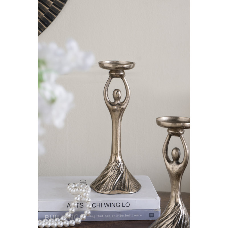 Gold Aluminum Pillar Holder With Abstract Lady Design, 11.5" H x 4.5" W x 4.5" D