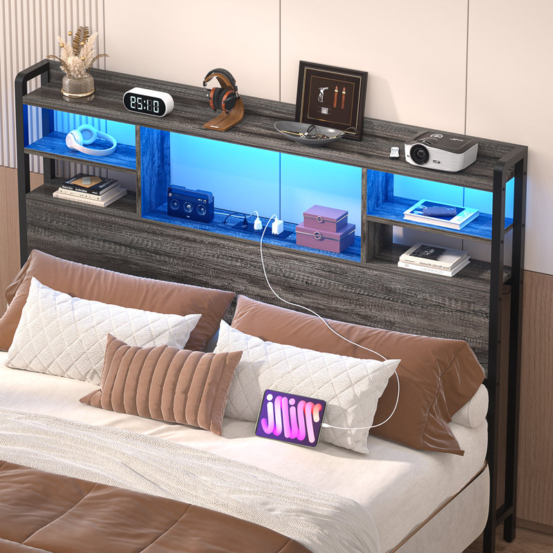 Tête de rangement avec lumières DEL, tête de lit bibliothèque avec station de charge, Double TG, Gris