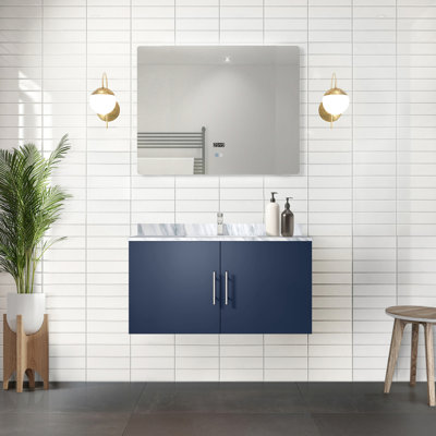 Meuble-lavabo bleu marine 91,4 cm (L) x 55,9 cm (P) avec comptoir en marbre et miroir à DEL - Grande durabilité, compartiment de rangement spacieux, fermeture amortie, rangement, poignée