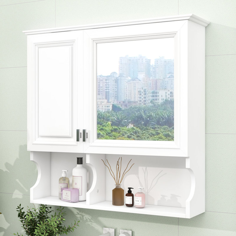 Armoire à pharmacie murale avec miroir, tablettes réglables, rangement ouvert et portes, Blanc