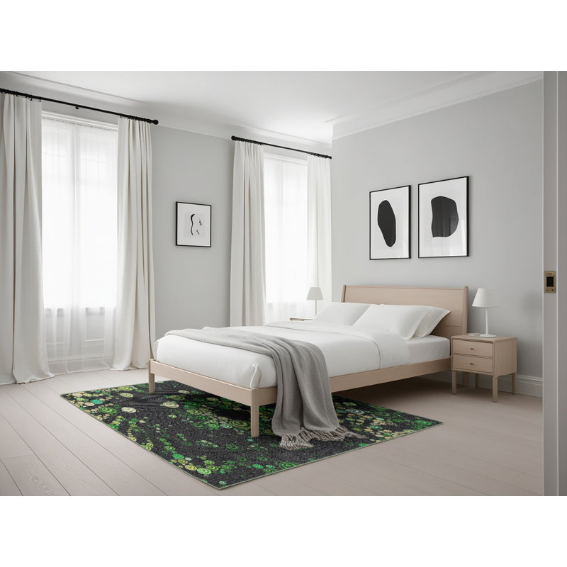 Tapis noir/vert tissé à la machine, Rectangle 5 pi x 7 pi