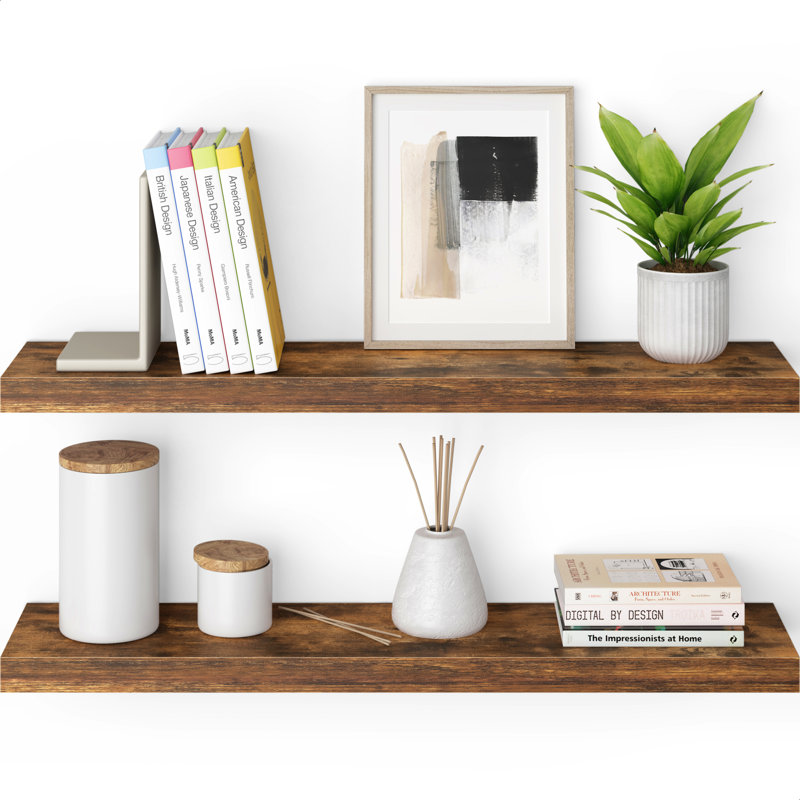 Rustic Brown Wood Floating Shelves with Invisible Brackets, Set of 2