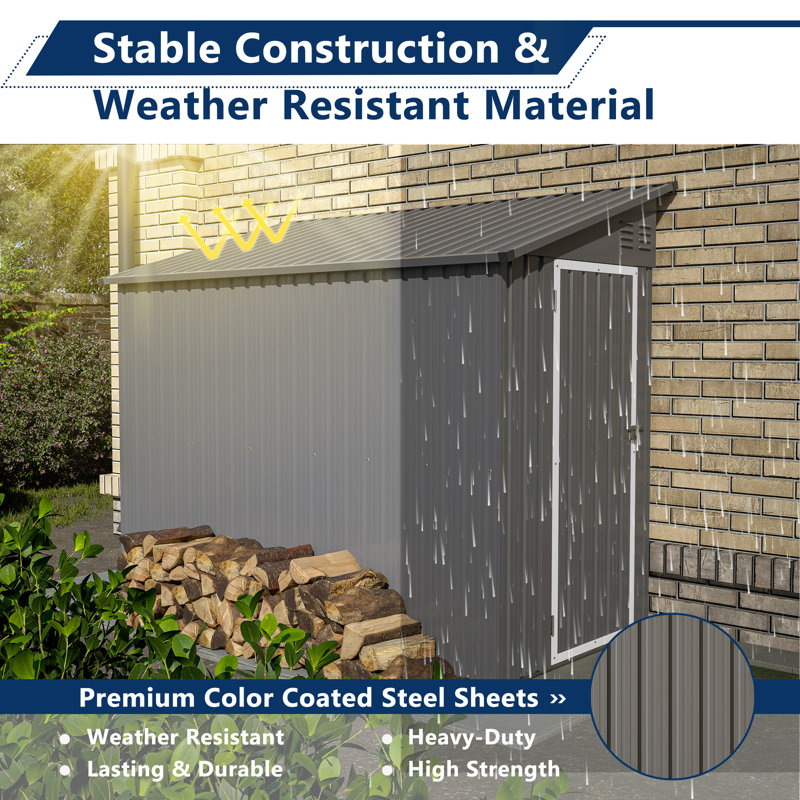 4 ft. W x 8 ft. D Metal Lean-to Storage Shed Foundation Kit Included（3.64 ft. Wx7.5 ft. D Floor Area）, Light Gray