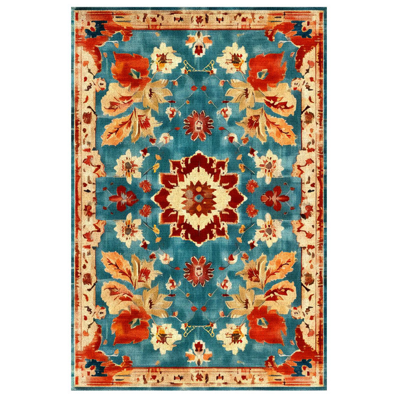 Larissa Collection Digital Print Cotton-Polyester Blend Rug – Teal & Red, Rectangle 6'7" x 9'11"