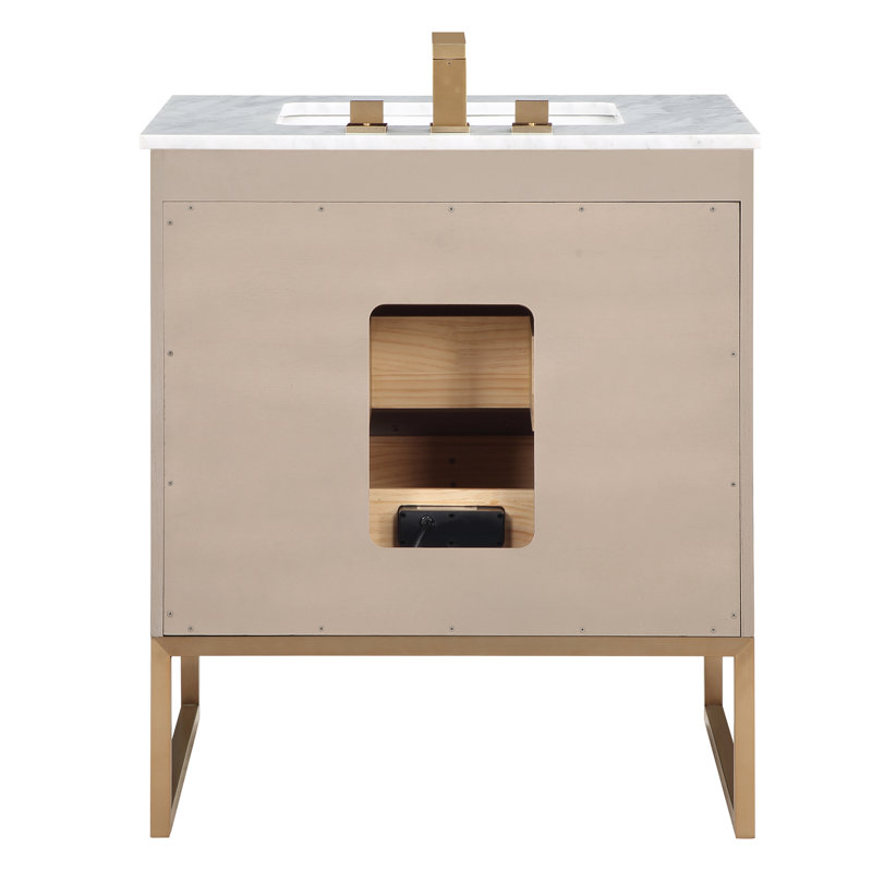 Markham 30 in. Single Vanity, Carrara Marble, Cashmere Gray, Satin Brass