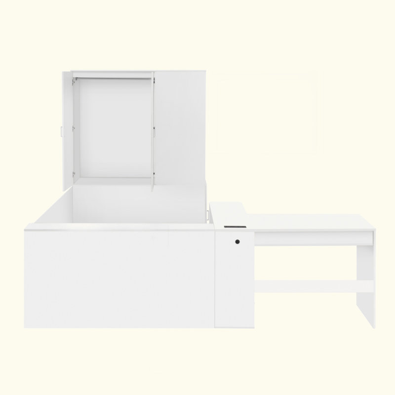 Lit plateforme double en bois avec 6 tiroirs, tablettes, bureau et garde-robe, blanc, Blanc