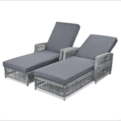 GO 2 Pieces Long Reclining Chaise, Outdoor Wicker Lounge With Armrests, Patio Adjustable Recliner With Soft Removable Cushions, All Weather Rattan Pool Lounge For Poolside & Garden