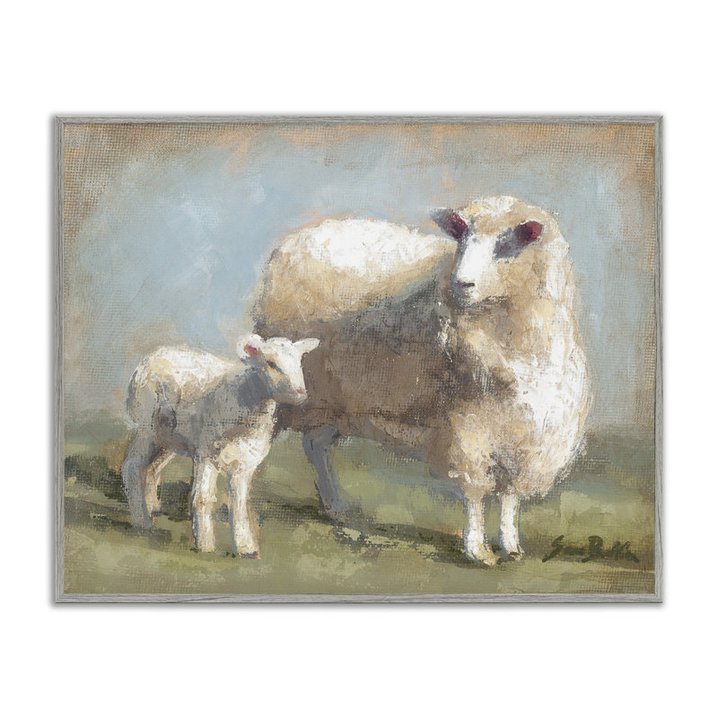 «Sheep Lamb Family Farm», estampe numérique par Sara Baker, H 16 po x l 20 po, Estampe numérique Farmhouse