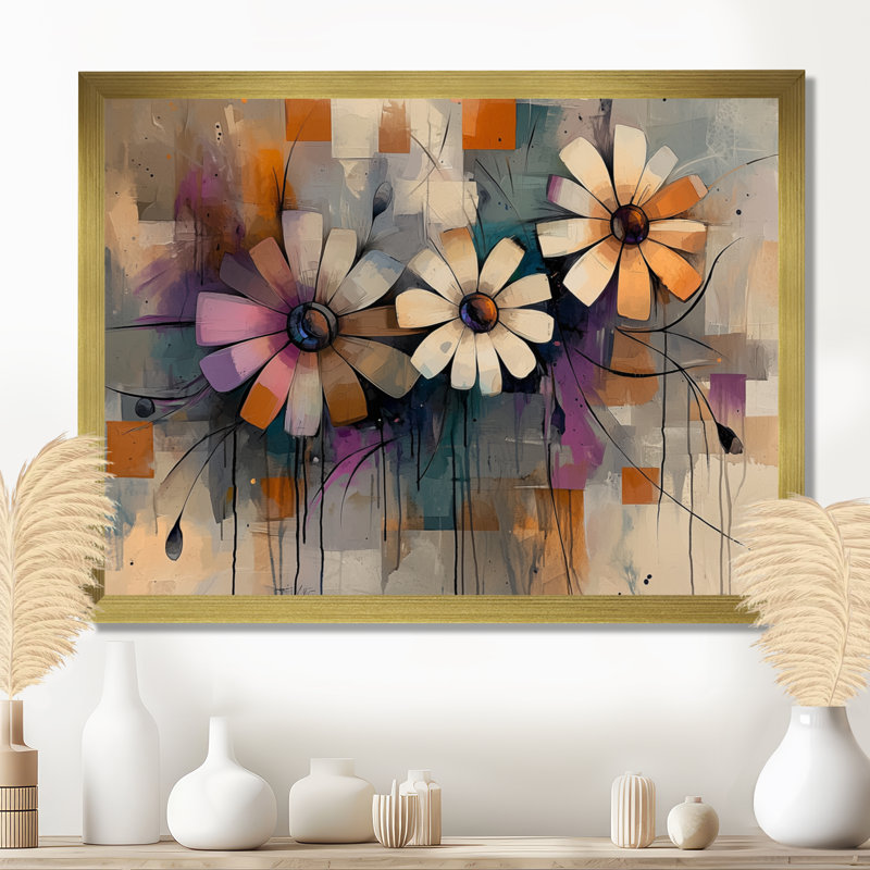 «Vintage Geometric Harmony Daisies II» - marguerites, art mural, H 34 po x l 44 po, Avec cadre, Doré