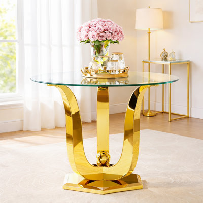 38.9" Round Glass Dining Table, Modern Clear Kitchen table, 0.31" Thick Tempered Glass Tabletop with Gloss Stainless Steel, for Dining & kitchen and Small Space