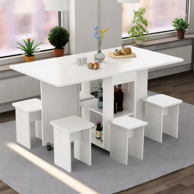 White Folding Dining Table With 4 Chairs For - 6 Persons, 47.2 Inch Depth, Space Saving, Easy To Manage Saving 4, 47.2x23.6x30.3 Inch, Chairs, , Fast Assembly Work