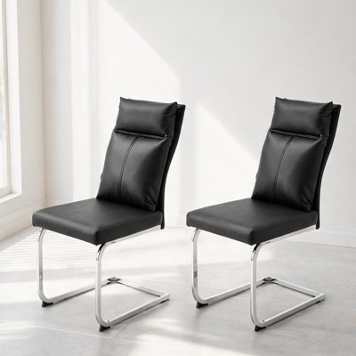 Matte Black Faux Leather Side Chair Set of 2 with Chrome Legs for Modern Dining Rooms