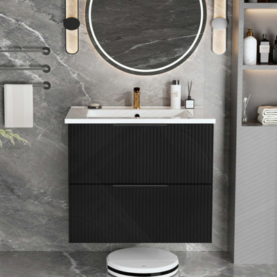 Meuble-lavabo de salle de bain avec lavabo en céramique - Meuble-lavabo mural flottant cannelé avec tiroirs, moderne