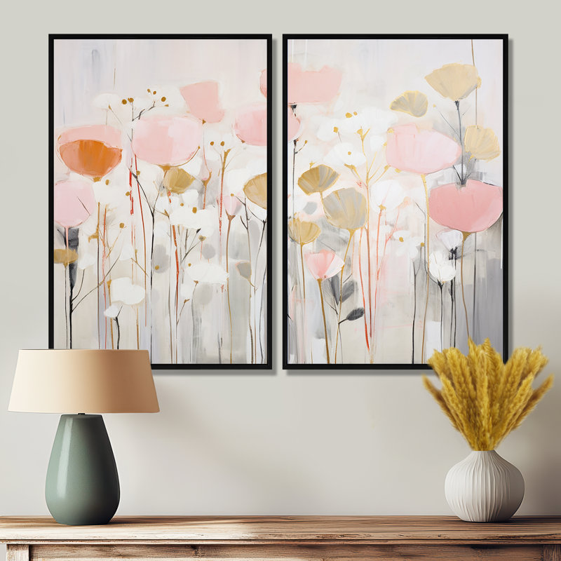«Pink Blossoming Garden», art mural moderne sur toile 2 panneaux, H 36 po x l 48 po, Reproduction encadrée sans passe-partout