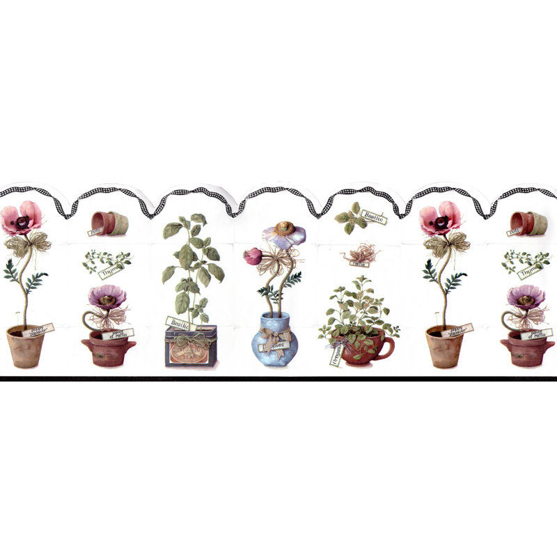 Bordure de papier peint floral Scalloped Garden - pots à herbes de cuisine, L 15 pi x l 10 po