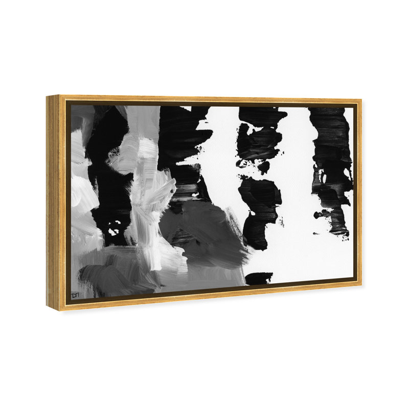 «Pronto Black and White», peinture sur toile, H 36 po x l 54 po, Cadre flottant doré