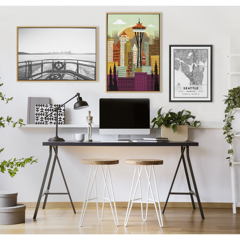 «Seattle Skyline» par Amber Leaders, reproduction d'art sur toile encadrée, 23 po x 33 po, Naturel