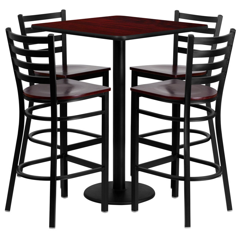Ensemble de table carrée en stratifié de 30 po avec 4 tabourets de bar en métal à dossier échelle Akriti, Acajou