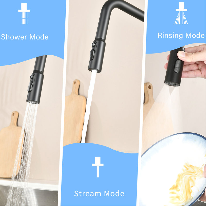 Matte Black, Kitchen Faucet, 3 Function, 360 , One Touch Switching, 23.6 In Pull-Out Hose, Water Flow Modes, Single Hole Installation, , Heavy-Duty Metal Body, Ceramic Cartridge Valve, Nylon Lines