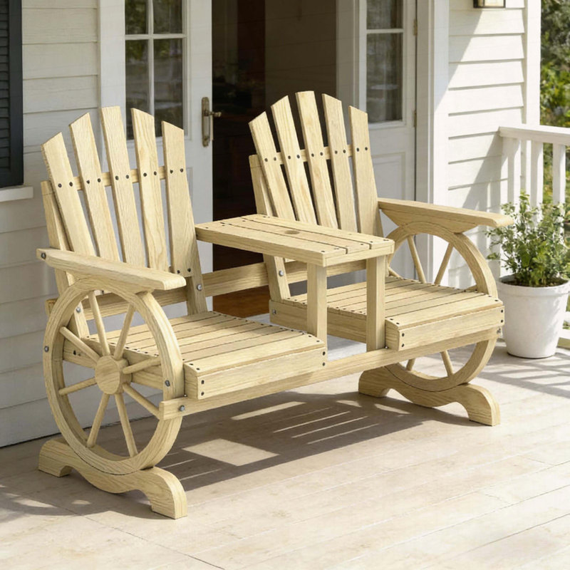 Banc de jardin en bois à haut dossier avec pieds de roue de chariot, Natural Wood