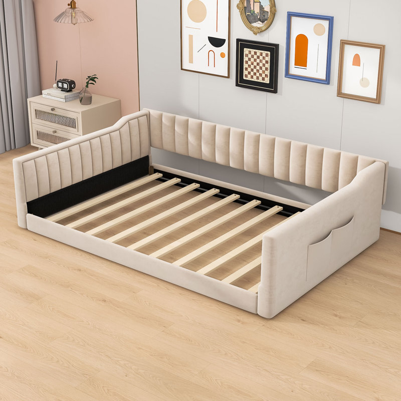 Lit de jour rembourré en velours Murdoch, Double XL, Beige