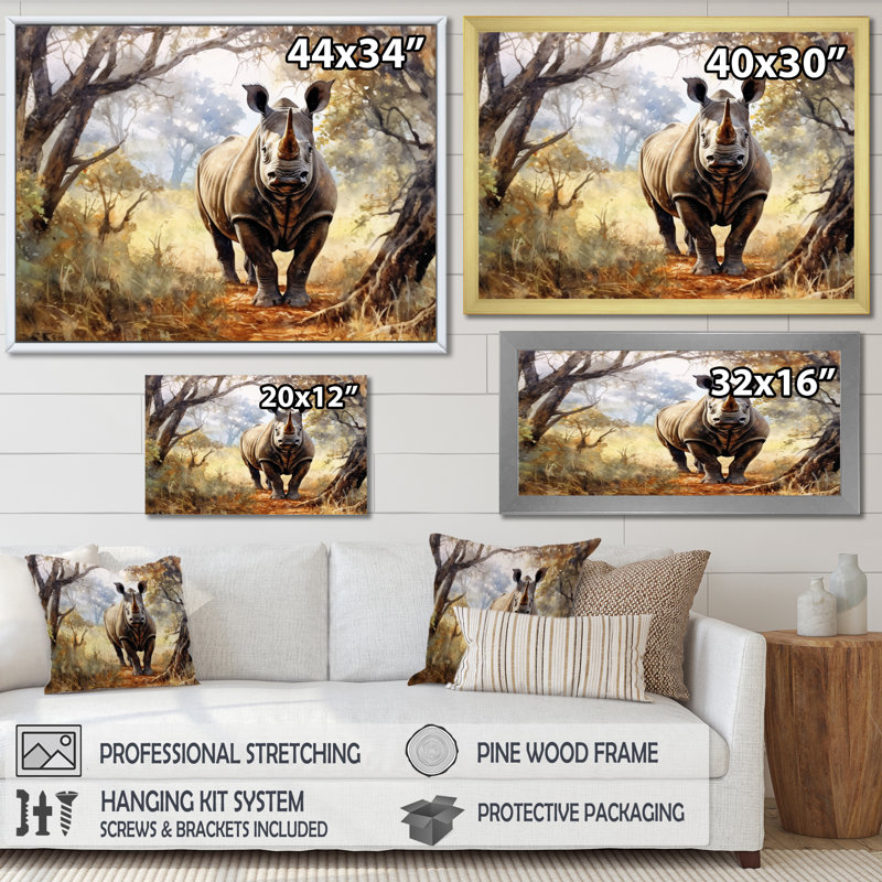 Wild Rhinoceros II sur toile, H 12 po x l 20 po x P 1 po, Cadre simple blanc