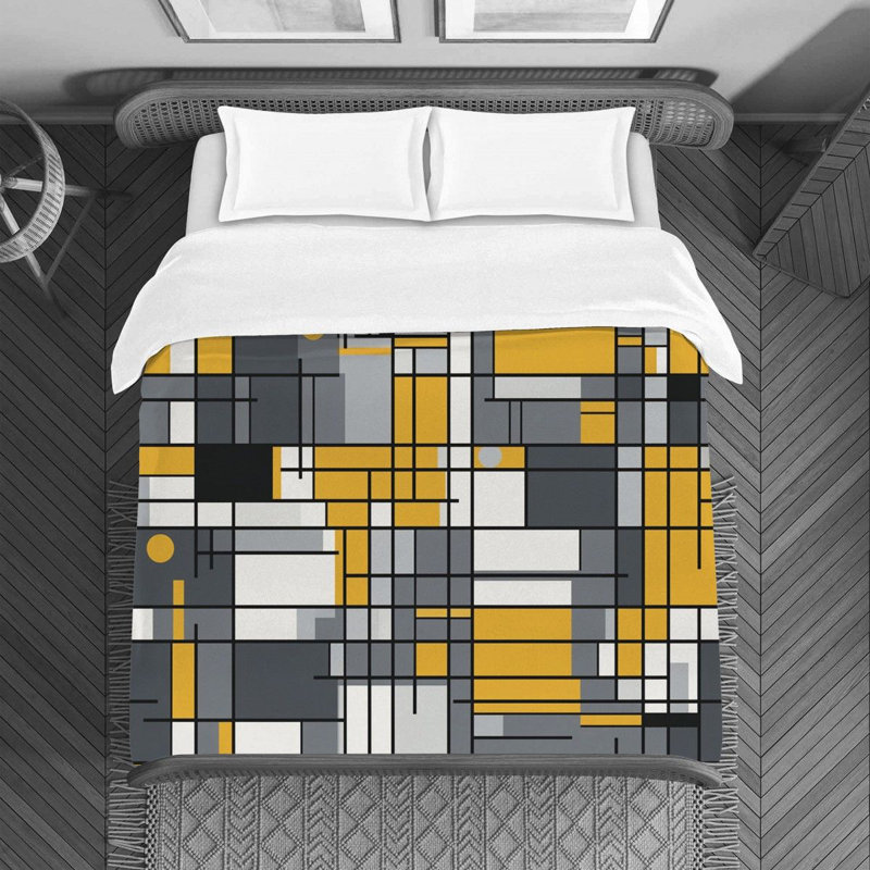 Gweneviere Mondrian Geometric Machine Printed Duvet Cover, Twin Duvet Cover, Gray/Yellow