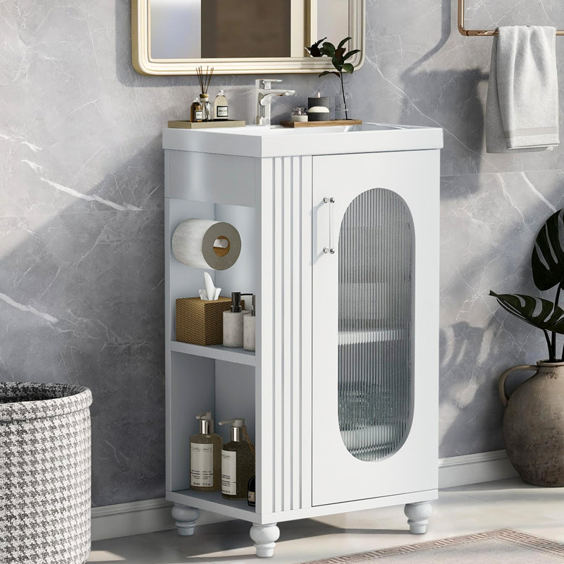 Meuble-lavabo de salle de bain avec lavabo, tablette à deux niveaux, tablette réglable, Blanc