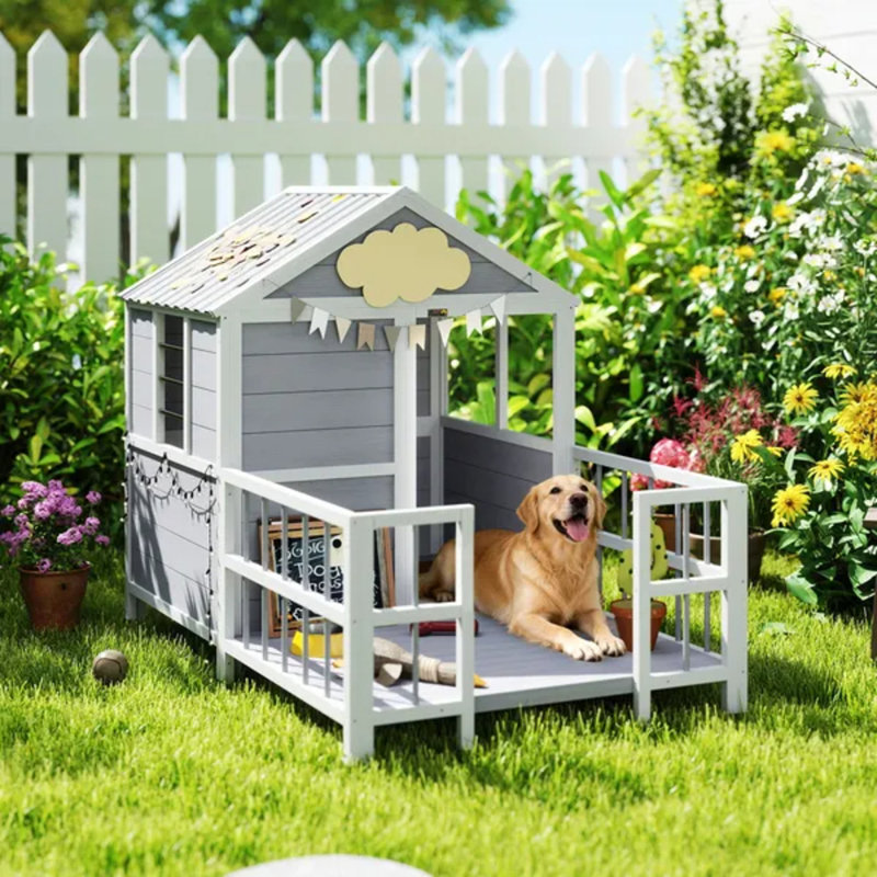 Grande niche pour chien d'extérieur en bois de 61 po avec porche, toit résistant aux intempéries, base surélevée, évents et fenêtres