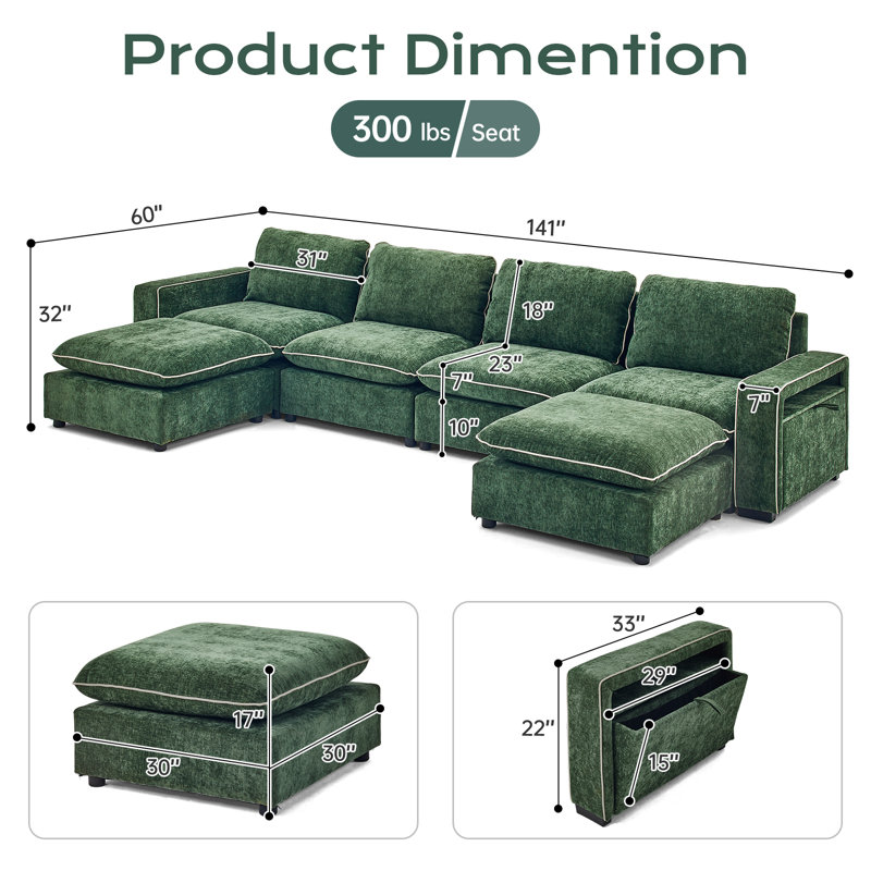 6-Piece U-Shaped Green Chenille Modular Sectional With Storage Arm, Green Chenille