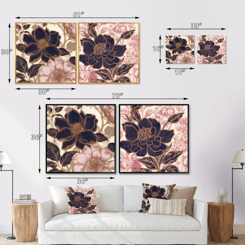 Pivoine bleue et rose - ensemble de 2 pivoines carrées, Cadre flottant noir, H 16 po x l 33 po