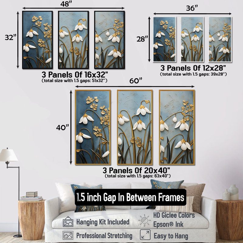 «Blue and Gold Snowdrop Flower Simplicity VI», ensemble d'art mural sur toile, Cadre naturel flottant