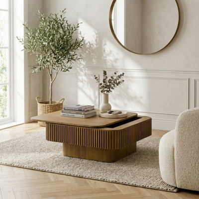 Modern Square Coffee Table with Hidden Storage Compartment and Elegant Wood Veneer Finish