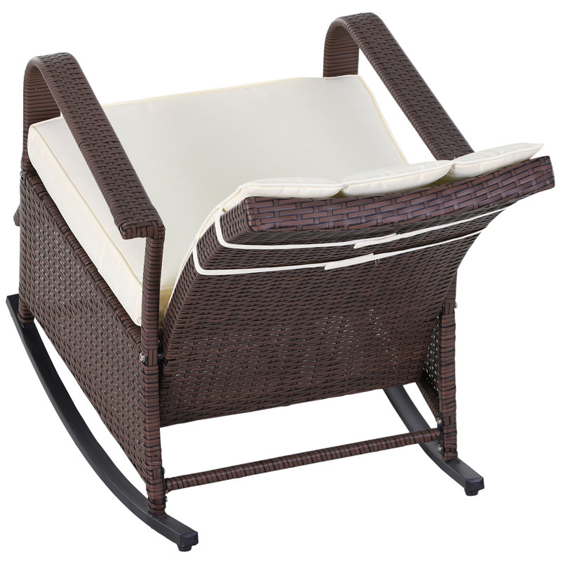 Fauteuil inclinable berçant en osier brun - structure en acier résistant aux intempéries avec coussins blancs amovibles