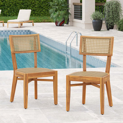 Acacia Wood Dining Chairs Set of 2 with Woven Rattan Design