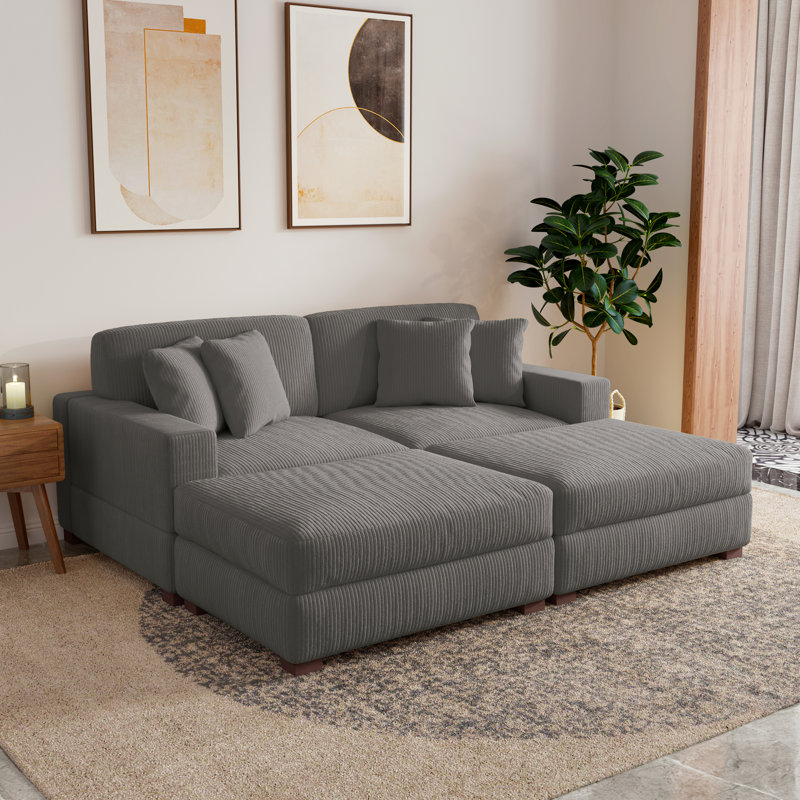 4-Piece Upholstered Light Gray Corduroy Modular Sectional Sleeper Sofa Set With Armchairs & Removable Ottomans, Light Gray