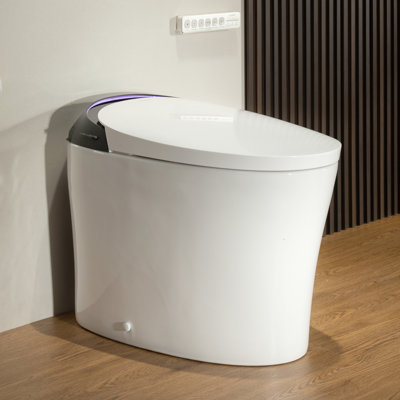 Toilettes intelligentes avec bidet et réservoir intégrés, mousse, capteur de pied à chasse d'eau, siège chauffant, séchoir à eau chaude, chasse d'eau automatique, buse autonettoyante, bidet de toilette à hauteur de chaise ADA de 17,5 po