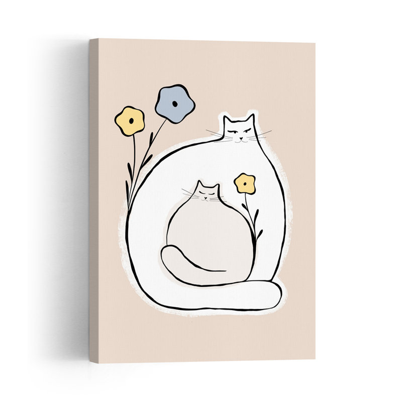 Cozy Cats And Flowers Peaceful Serene Contemporary Cat Flower Wall Art Print 1 Piece Wrapped Canvas Wall Art