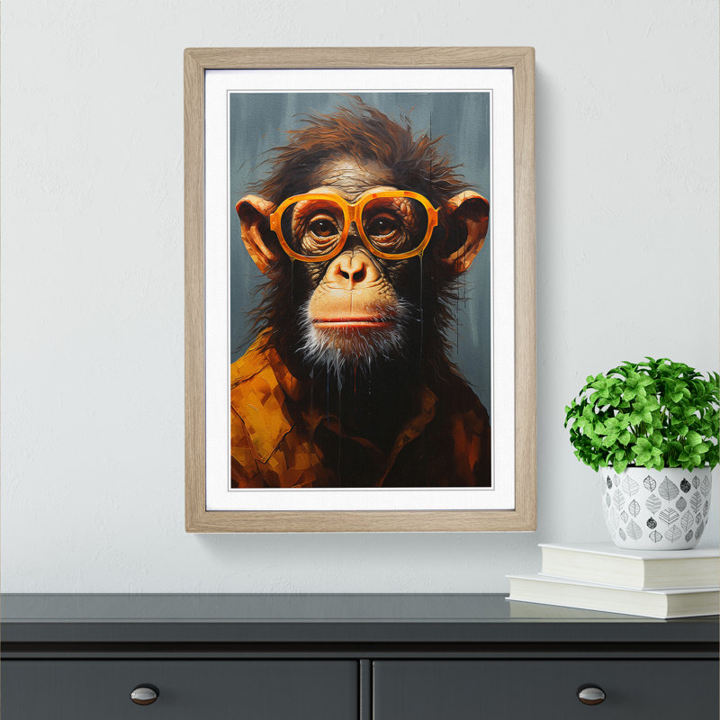 Monkey With Glasses No.2 - Single Picture Frame Print on Wood, Oak, 34cm H x 25cm W x 2cm D