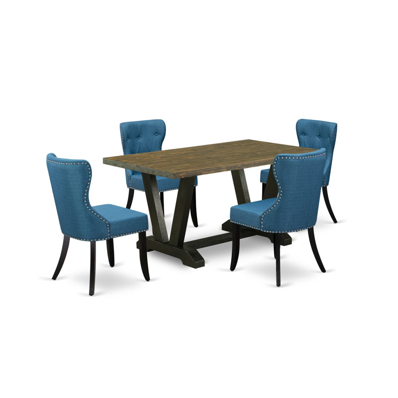 5-Piece Mid Century Table Set Contains a Distressed Jacobean Dining Table and 4 Blue Linen Fabric Dinner Chairs with Button Tufted Back - Wire Brushed Black Finish