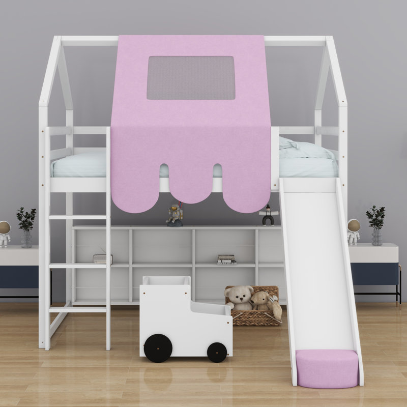 Structure de lit en mezzanine avec tente, Lit double, Blanc / Rose