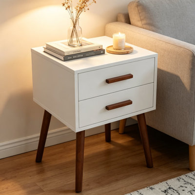 Oslo 2 Drawer End Table 15.75 Inch - Mid-Century Modern Side Accent Table with Storage Drawers for Living Room, Family Room, or Bedroom Nightstand, White/Espresso