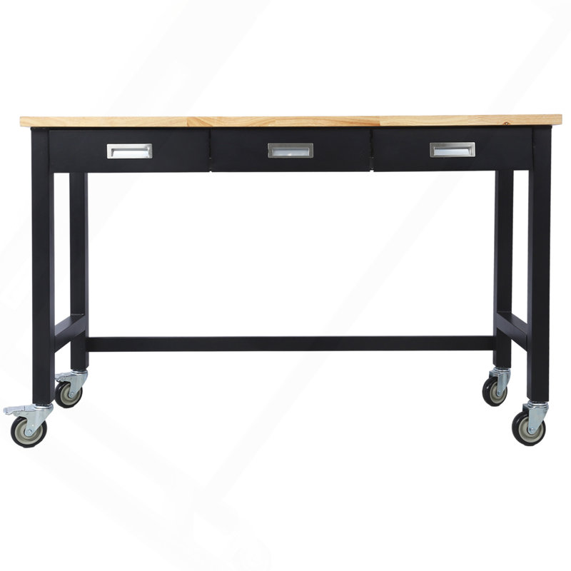 Banc de travail 60 po, banc de travail avec rangement de tiroir, table de travail en bois de bambou robuste avec roulettes pour le bureau à domicile