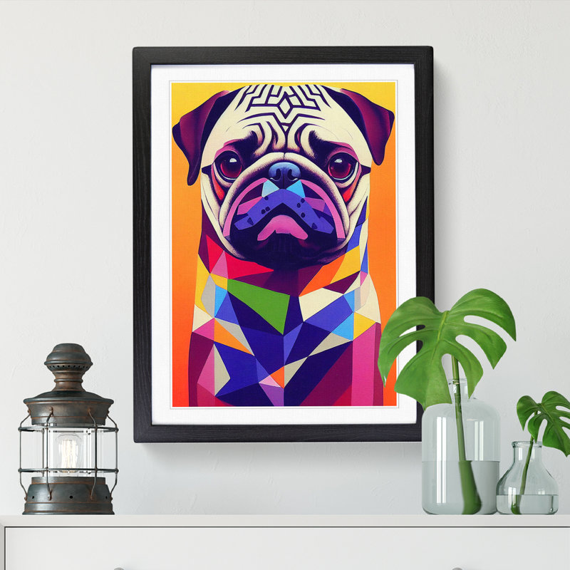 Pug Dog Geometric Vol.2 - Single Picture Frame Painting, 34cm H x 25cm W x 2cm D, Walnut